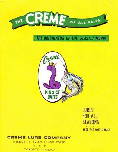 Vintage Creme Lure Company advertisement: 'The Creme of All Baits — The Originator of the Plastic Worm'